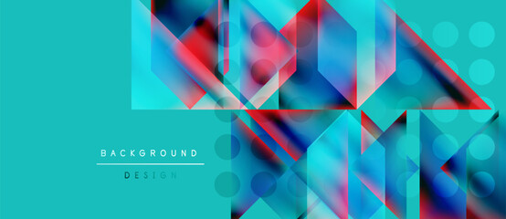 Wall Mural - Abstract geometric shapes overlap, creating vibrant turquoise, pink, blue gradients. Modern design elements suggest technology, innovation. Background features text labels.