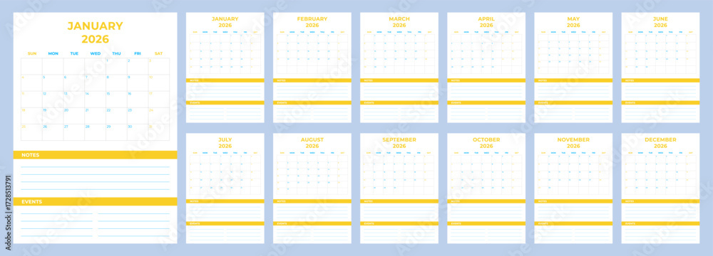 2026 Calendar template, layout monthly pages set. Week starts on Sunday ...