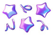 © Anastasiia - 3d stars and curly ribbons purple holographic holiday decorative elements collection isolated on white background. Vector illustration.
