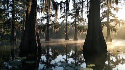 Wall Mural - Ethereal morning mist dissipating timelapse revealing a mysterious swamp with ancient trees and calm water meditation, scenery, calm water