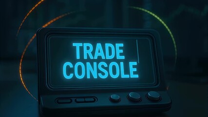 Trade console device display glowing blue with control buttons and knobs dark trading desk, futuristic console with neon blue text and curved light trails conveying focused analytical mood