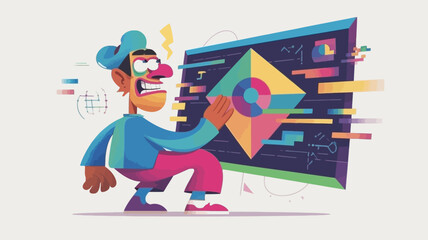Cartoon programmer character intensely focused on a complex geometric data visualization on a digital screen