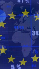 Wall Mural - European Union stars animation over world map with financial data and charts