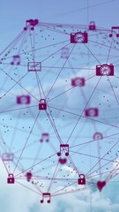 Wall Mural - Animation of globe of connections with icons over sky with clouds