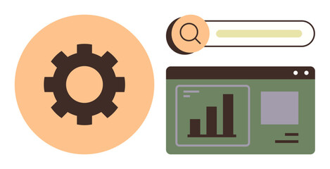 Gear for settings, search bar for navigation, and analytics dashboard with graphs. Ideal for web development, SEO, data analysis, technology, innovation, business strategy simple flat metaphor