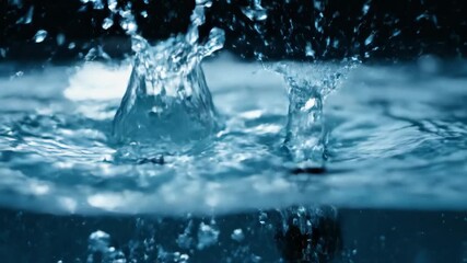 Wall Mural - Dynamic slow motion water splash sequence showing multiple rapid impacts and a cascade of shimmering liquid, lit by dramatic studio lighting energy, vibrant, fluid dynamics