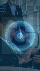 Wall Mural - Businessman using smartphone with digital interface animation over office scene
