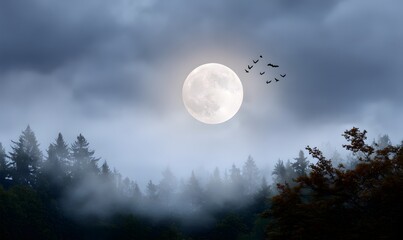 Wall Mural - A clean cinematic Halloween design of a glowing full moon with bats flying across, silhouetted forest trees below