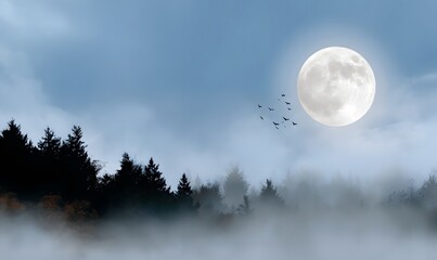 Wall Mural - A clean cinematic Halloween design of a glowing full moon with bats flying across, silhouetted forest trees below
