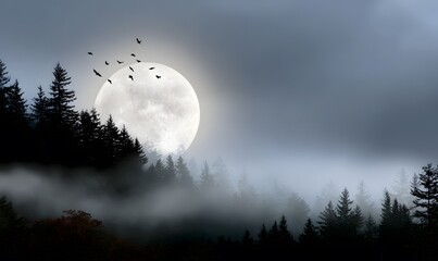 Wall Mural - A clean cinematic Halloween design of a glowing full moon with bats flying across, silhouetted forest trees below