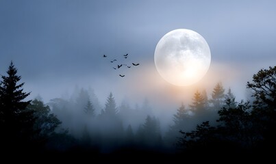 Wall Mural - A clean cinematic Halloween design of a glowing full moon with bats flying across, silhouetted forest trees below