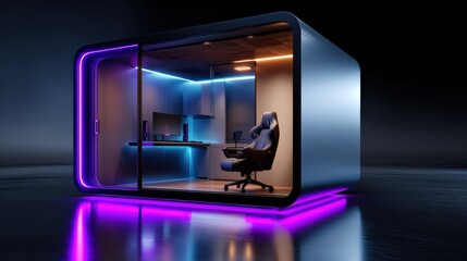 Gaming Pod with Neon Blue and Purple Lighting