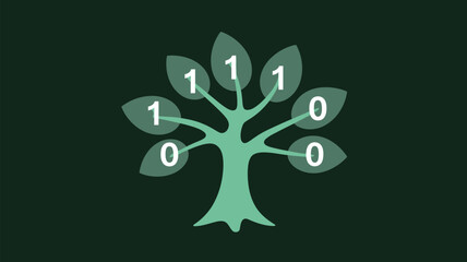 Digital tree with binary code leaves representing growth and technology in a dark green background