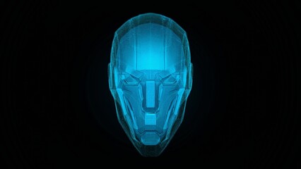 Wall Mural - Futuristic Blue Neon Glowing Robotic Face on Dark Background Abstract Art