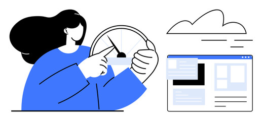 Woman interacting with performance speedometer and cloud-based dashboard. Ideal for data analysis, performance, cloud technology, digital tools, productivity, innovation, user experience. Simple flat