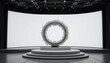 © revenge - Futuristic Circular Structure on a Stage with a Large White Screen: A Modern Architectural Installation