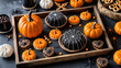 © Breanna - Scary Halloween Treats of Rustic Wooden Tray. Creative party desserts and snacks styled with festive details