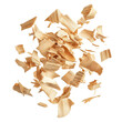 © PNGuin Studio - Wood shavings floating in air, scattered curly chips, isolated on transparent cutout background