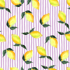 Wall Mural - Watercolor lemons seamless pattern background. On pink striped
