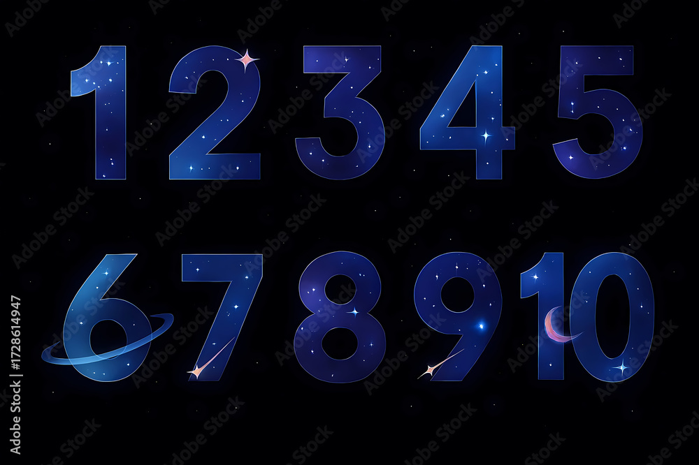 Cosmic Numbers Vibrant cosmic numbers set from one to ten, featuring starry galaxy ...