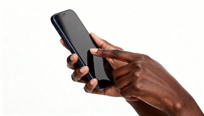 Black woman hands using a smartphone, finger tapping the touch screen, isolated on a white background. Close-up of a person browsing the internet or using a mobile app.