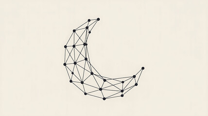 A minimalist geometric illustration depicts a crescent moon shape crafted from connected black dots and thin lines, resembling a network or polygonal mesh, set against a plain white background.