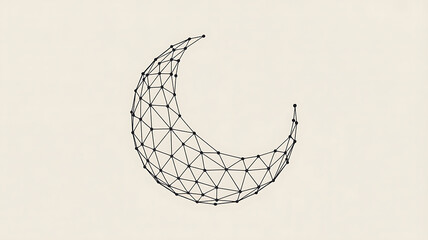 A minimalist geometric illustration depicts a crescent moon shape crafted from connected black dots and thin lines, resembling a network or polygonal mesh, set against a plain white background.
