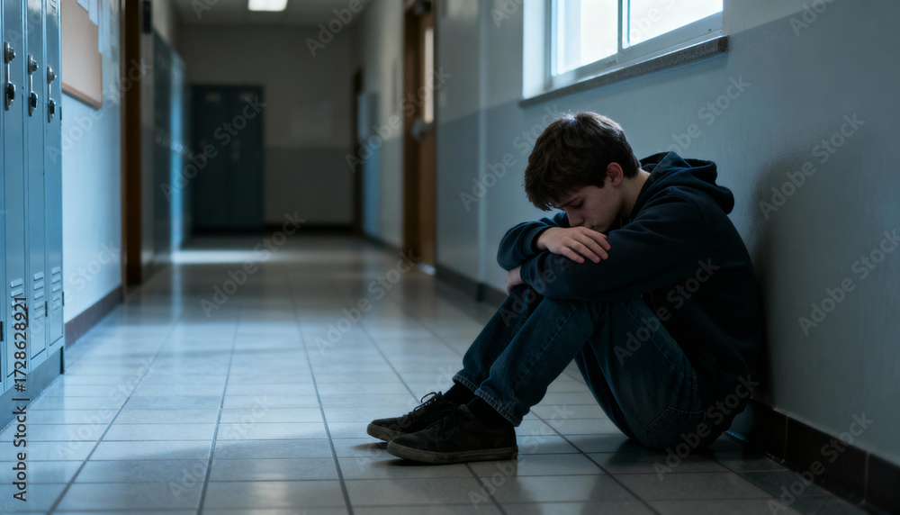 Photo Stock Depressed teenage boy sitting on school corridor floor ...