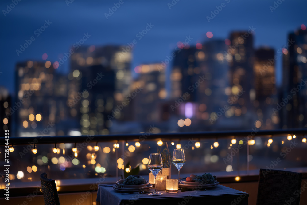 Table View Night Rooftop dinner under twinkling lights with skyline view at night Stock ...