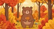 © Enak - Cute cartoon bear in autumn forest holding leaves illustration