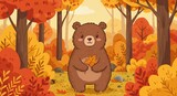 Cute cartoon bear in autumn forest holding leaves illustration