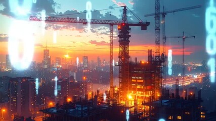 Future City Construction with Data Overlay and Cranes at Sunset, Digital Urbanization Concept