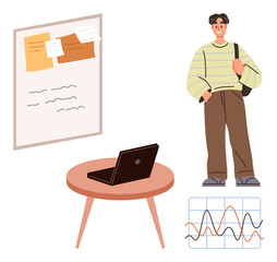 Wall Mural - Young man with bag near laptop on wooden table, notes on bulletin board, and data graphs. Ideal for education, organization, teamwork, planning, analysis creativity and innovation concepts. Simple