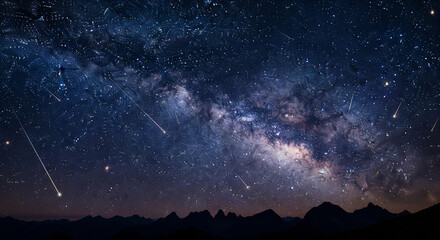 Wall Mural - Celestial Grandeur: Milky Way and Meteors Over Mountain Silhouette
A stunning panoramic night sky photograph showcasing the magnificent Milky Way galaxy stretching across the dark horizon