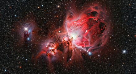 Wall Mural - Spectacular Deep Space View of Vibrant Red Orion Nebula and Star Cluster
An absolutely stunning, high-resolution deep-space photograph showcasing the majestic Orion Nebula (M42)
