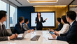 © Miriam - Female business leader presenting strategy during professional corporate meeting in modern conference room with digital whiteboard and diverse team engaged in discussion