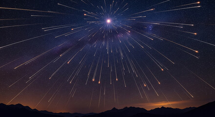 Wall Mural - Explosive Starburst Meteor Shower Radiant Over Dark Mountain Horizon
An intense and captivating long-exposure photograph depicting a highly active meteor shower where all the shooting stars appear to
