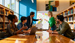 © Hannah - Diverse business team in a creative workshop. Colleagues brainstorming, using sticky notes on a whiteboard for strategic planning in a modern library office. Teamwork collaboration.