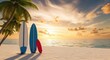 © kashem - Tropical paradise serenity three surfboards beach palm tree sunset ocean view warm colors serene atmosphere peaceful moment