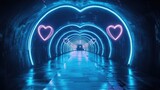 Tunnel of Neon Blue Hearts on Dark Background, Modern and Futuristic Love Theme.