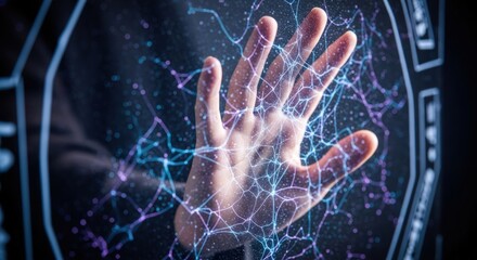 Human hand touching a digital screen with a glowing network connection, representing technology
