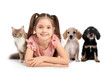 © New Africa - Cute child, cat and dogs on white background. First pet
