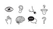 © MstMili - Set of five senses icons including eye ear nose mouth hand brain speech bubbles and question mark vector