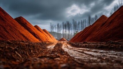 Moody, wide-angle photograph of a large pile of rich, red mulch at a landscaping site on an overcast day, with muddy tire tracks in the foreground.