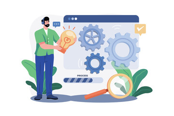 Illustration of Idea Generation Gears and Magnifying Glass on Transparent Background Software Concept with Man Holding Lightbulb