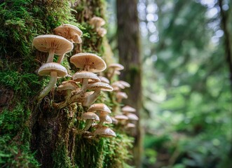 Vibrant green mushrooms flourish on a damp, moss-covered tree trunk, showcasing nature's intricate beauty and the subtle magic of forest growth.