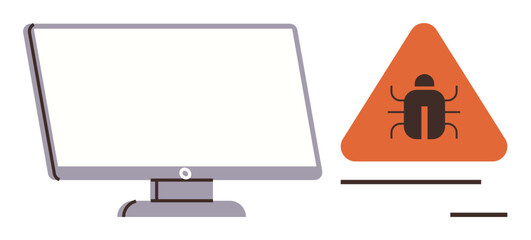 Desktop monitor alongside orange warning triangle with bug graphic signifying malware or security threat. Ideal for cybersecurity, programming, risk management, antivirus, IT support, data safety