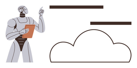 Robot holding a tablet, gesturing towards abstract cloud interface representing AI-driven technology. Ideal for automation, AI, cloud technology, innovation, future, digital transformation