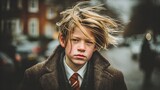 A young blond boy with tousled hair wears a stylish brown coat while walking down an urban street outdoors.
