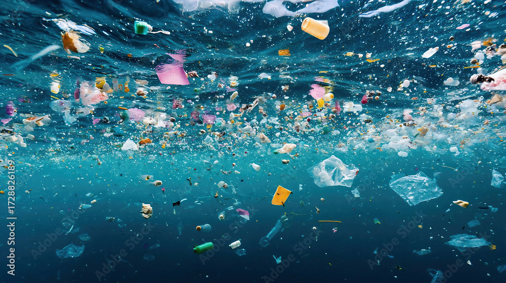 Ocean pollution. A sea surface littered with plastic bottles, debris ...